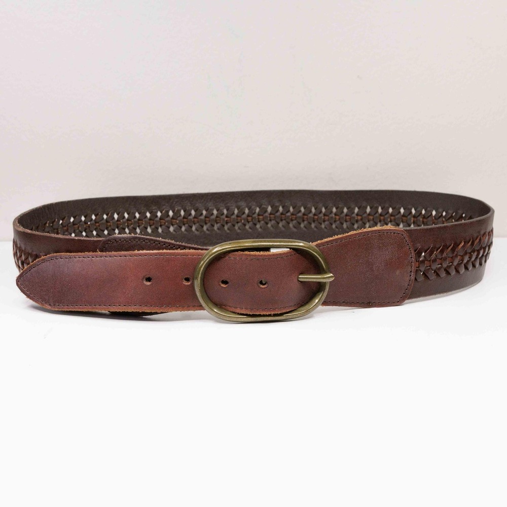GAP Genuine Leather Braided‎ Belt Oval Brass Buckle Brown Womens Sz L